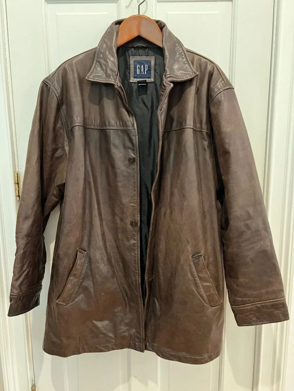 Gap Vintage Distressed Men’s Brown Leather Car Coat Jacket Button-Down Y2K